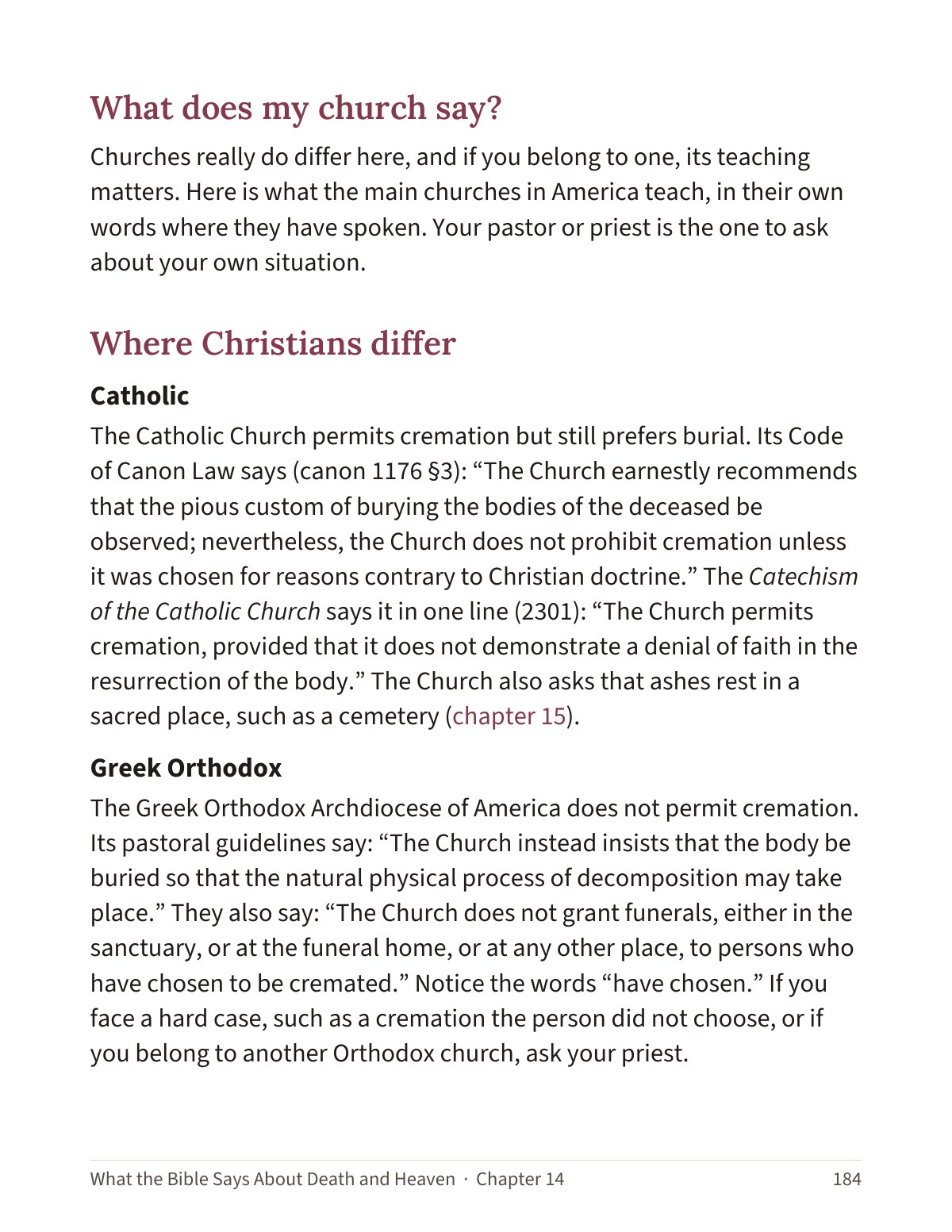 A page where the churches' teachings on cremation are quoted side by side
