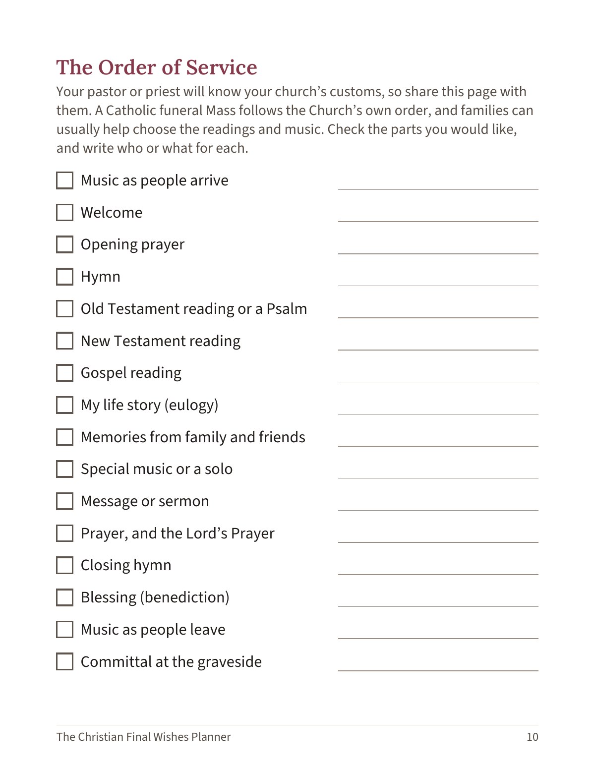 Page 10 of the planner, The Order of Service: a checklist of the parts of a funeral service, with a line beside each to write who or what