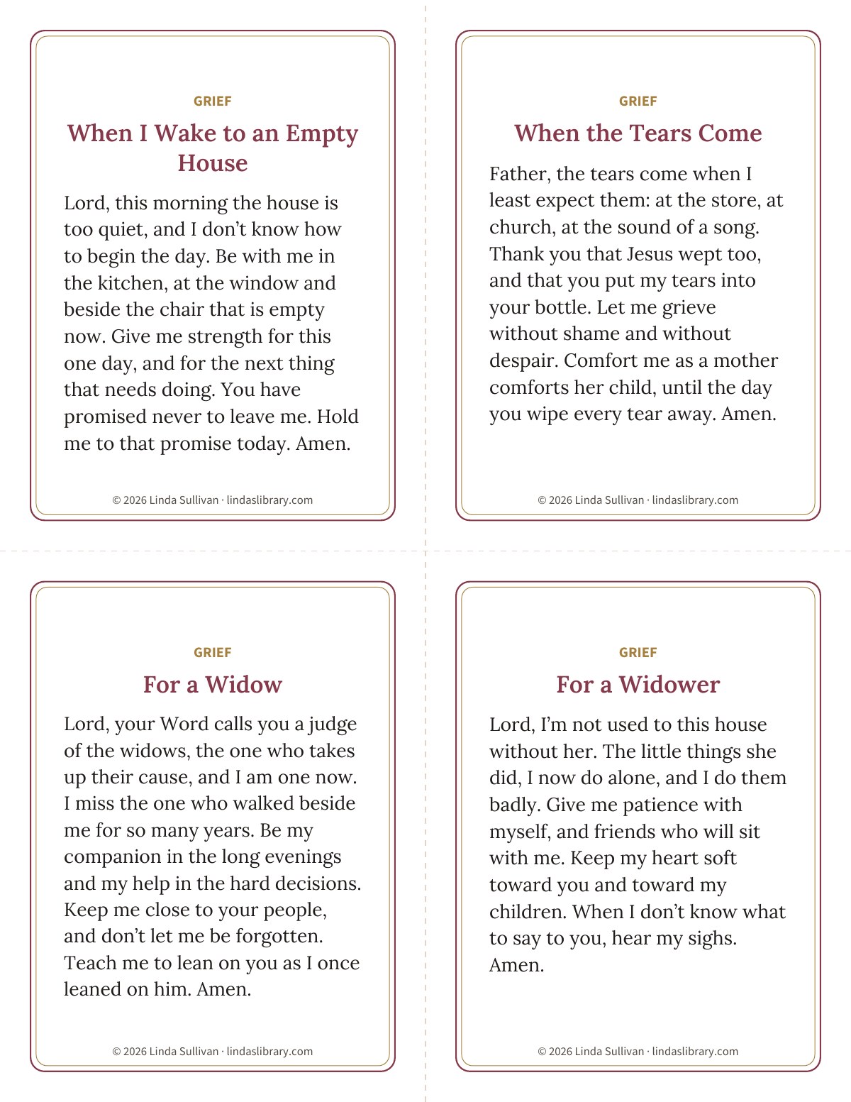 A page of four prayer cards for grief: When I Wake to an Empty House, When the Tears Come, For a Widow, and For a Widower