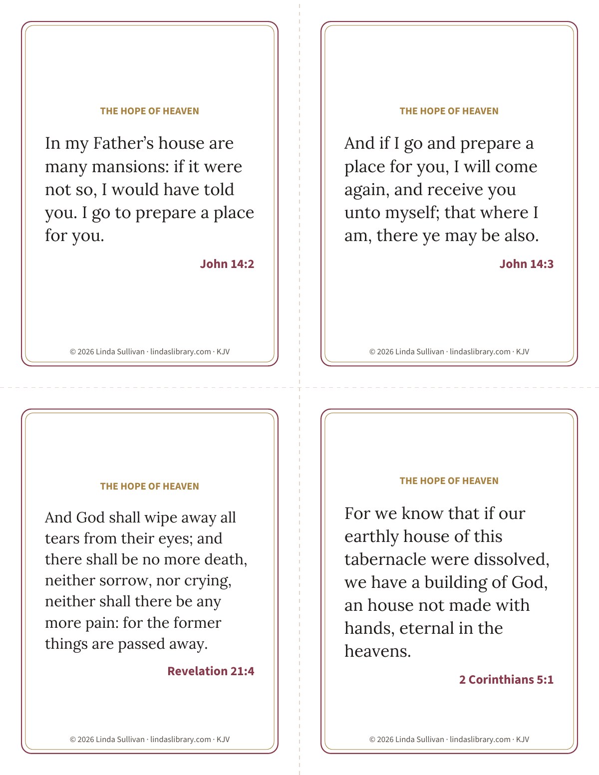 A page of four Scripture cards on the hope of heaven: John 14:2, John 14:3, Revelation 21:4 and 2 Corinthians 5:1